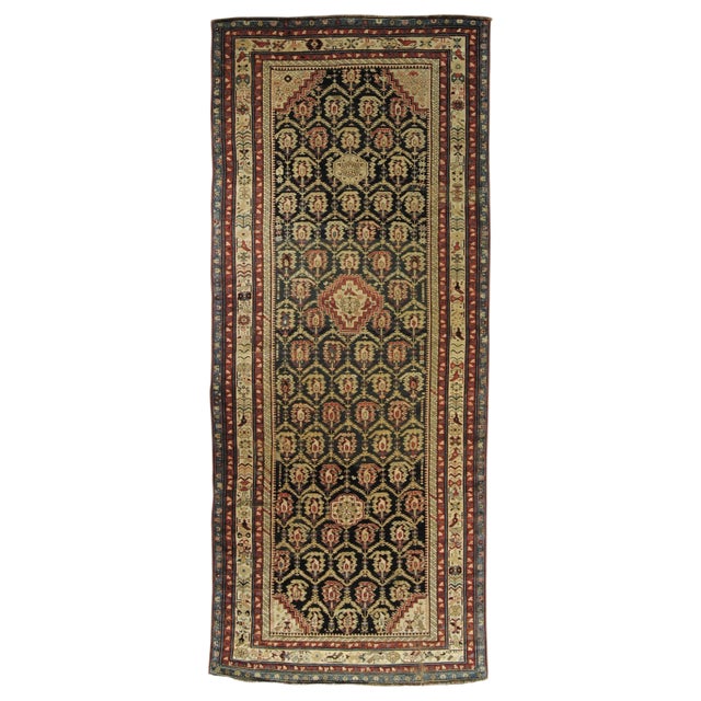 19th-Century Dark Blue & White Boteh and Birds Caucasus Runner Rug, 1890s For Sale