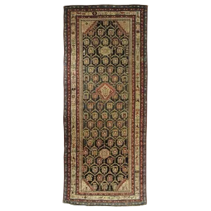 19th-Century Dark Blue & White Boteh and Birds Caucasus Runner Rug, 1890s