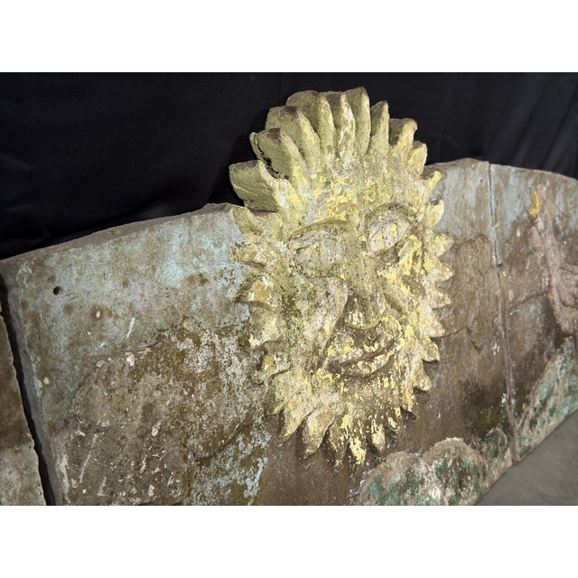Sculpture Materials Rare 80" Vintage c.1940's Concrete Frieze Triptych Wall Mounted Garden Art - Sun & Roosters / Chickens For Sale - Image 7 of 13