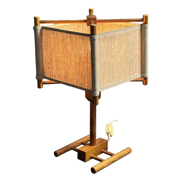 Mid-Century Modern Scandinavian Pine Table Lamp with Square Fabric Shade, 1970s For Sale