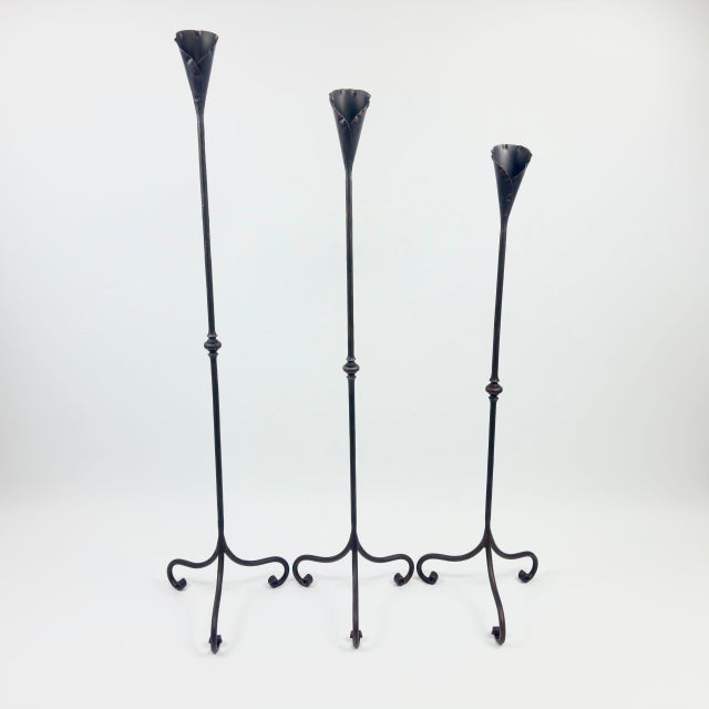 Hand Forged Iron Candelabra Set of 3 (97-117cm) Antique Copper Finish Slender Stem with Lily Cups For Sale - Image 9 of 9