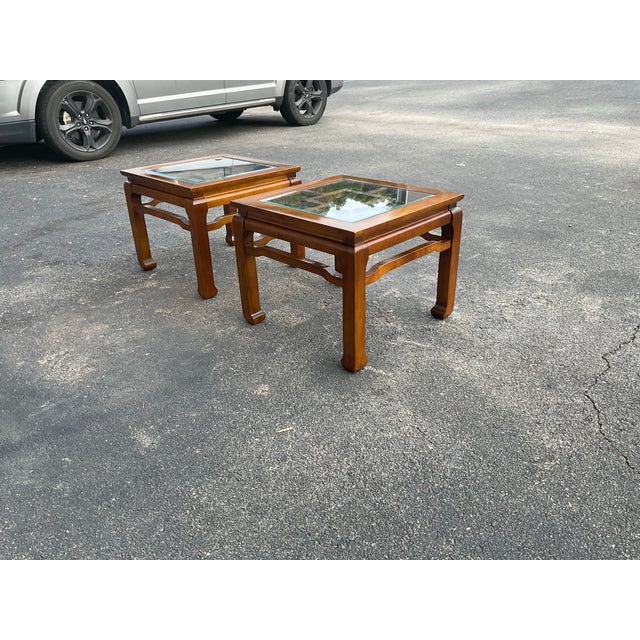 Mid 20th Century Pair of Mid 20th century Chinese Chippendale Elegance – Vintage Hardwood & Beveled Glass End Tables For Sale - Image 5 of 12