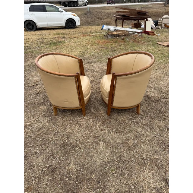 1940s French Art Deco Leather Solid Mahogany Barrel Back Club Chairs and Settees - A Set of 3 Piece For Sale - Image 15 of 17