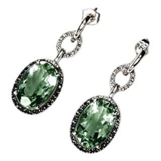 Late 20th Century Pair of 14K/10K White Gold Green Amethyst Black Diamond Earrings Estate For Sale
