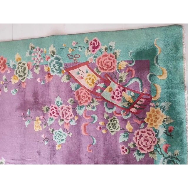 Antique Chinese Art Deco rug with purple color and 9'0" x 11'7" size.