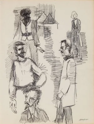 Pasquale Patrick Stigliani New York Portrait Studies Drawing in Ink, Circa 1970s