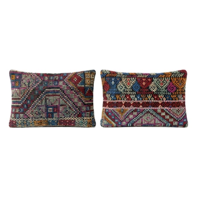 Turkish Kilim Lumbar Pillow Cover 13'' X 20'' & 15'' X 24'' - Set of Two For Sale