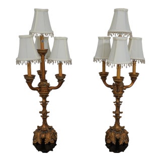 Pair Gold Finish 4 Light Candelabra Decorative Lamps For Sale