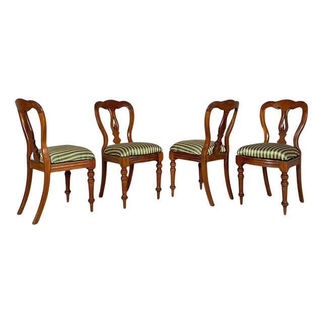Antique Italian Wood and Colored Striped Silk Chairs, 1850s, Set of 4 For Sale