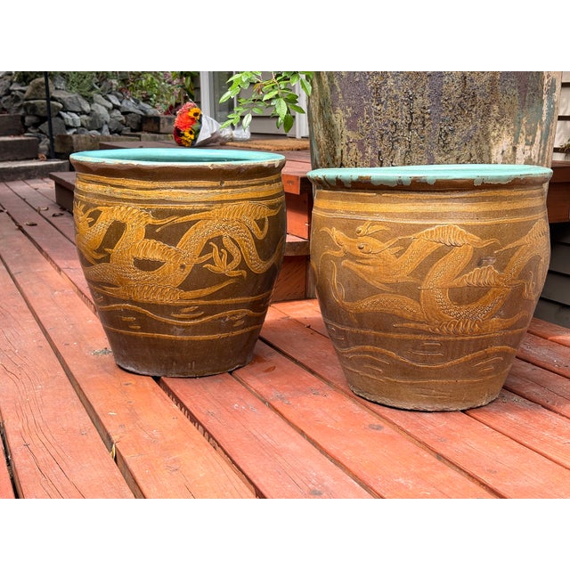 Rustic European Large Chinese Glazed Terracotta Earthenware Planter Set Decorated With Dragons Egg Pots For Sale - Image 3 of 18