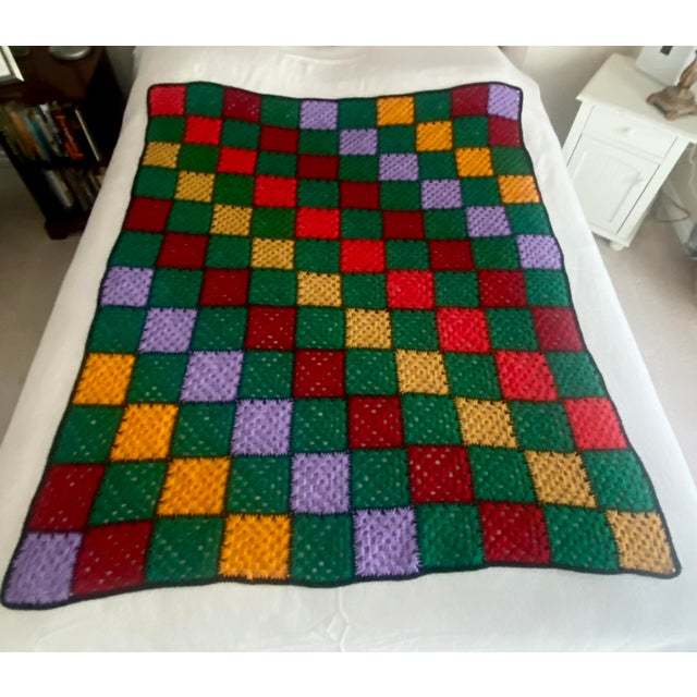 Vintage Granny Square Hand Crocheted Afghan Multicolor Blanket/Throw Excellent Condition For Sale - Image 4 of 9
