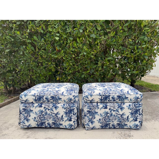 Chinoiserie Vintage Baker Ottomans Upholstered in Ralph Lauren Nanking Dragon Fabric, a Pair For Sale - Image 3 of 15