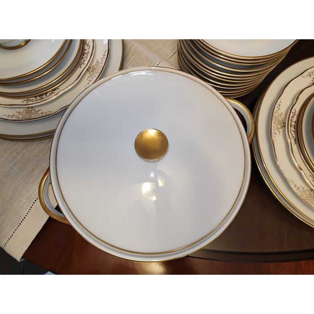 Antique H & C Selb Bavaria Germany Heinrich Anmut 14092 White & Gold Discontinued Dinnerware Service for Twelve- 66 Pieces For Sale - Image 11 of 13