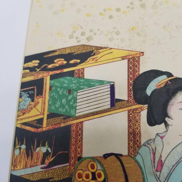 Vintage Japanese Ukiyo-E Period Woodblock Print Depicting Two Women With Scroll and Book For Sale - Image 13 of 15