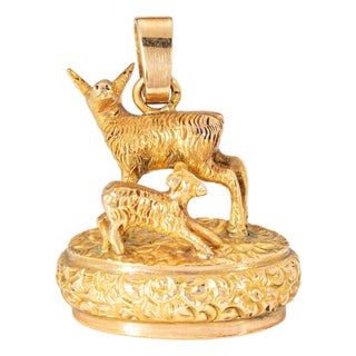 Antique Figural Deer & Fawn Pendant Fob Charm 19k Gold Portuguese Animal Jewelry For Sale