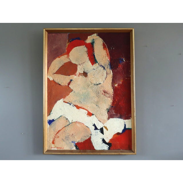 RECLINING FIGURE IN RED Oil on canvas Size: 28.9 x 21.1 inches (including frame) A compelling mid-century modernist...