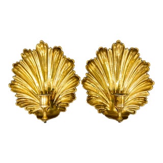Vintage Scalloped Shell Brass Wall Candle Sconces - A Pair For Sale