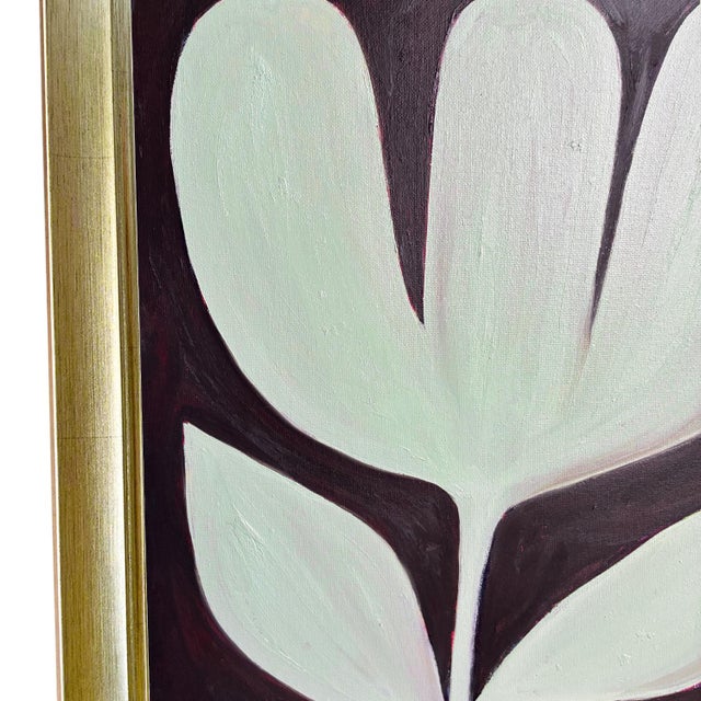 Original Botanical Leaf Painting in Brushed Gold Frame, Oil on Canvas, 21" H X 17" W by Tatiana Duperault For Sale - Image 4 of 4