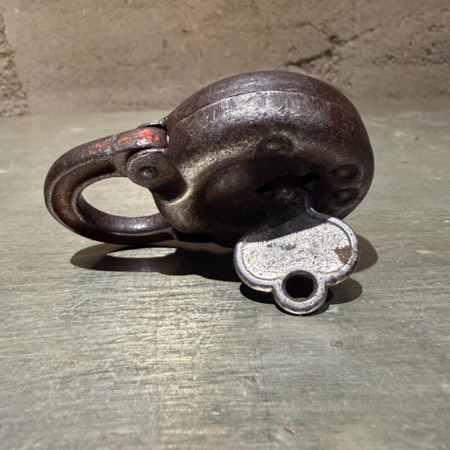 Metal Antique "Pancake" Style Lever Padlock, Edwards 6-Lever Padlock For Sale - Image 7 of 8