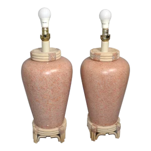 Pair of 1980s Asian Chinoiserie Pink Terrazzo Style Ceramic Bamboo Leather Table Lamps