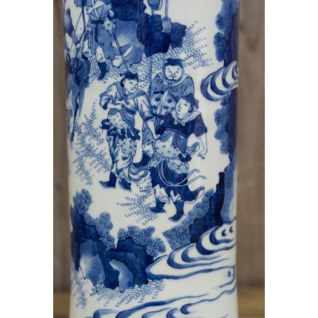 Chinese Blue and White Porcelain Sleeve Vase with Warriors and Military Procession For Sale - Image 18 of 18