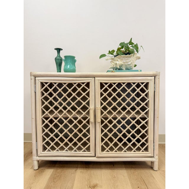 Vintage Cream Rattan Lattice Cabinet Coastal Tropical Hollywood Regency For Sale - Image 15 of 17