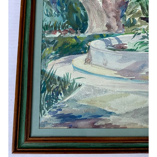 Mid-Century Modern Secluded Garden Fountain Landscape Painting Mid-Century Watercolor For Sale - Image 3 of 5
