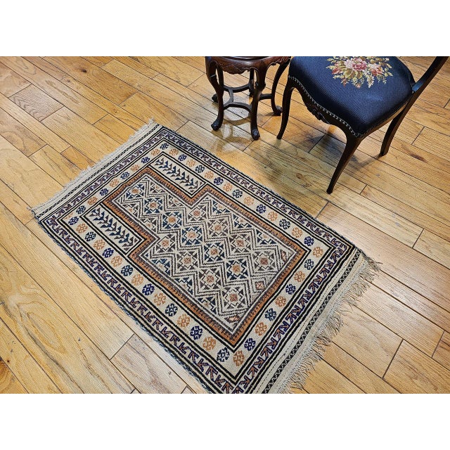 Gray Early 20th Century Baluch Tribal Area Rug in a Prayer Pattern in Ivory, Brown, Navy Blue For Sale - Image 8 of 11