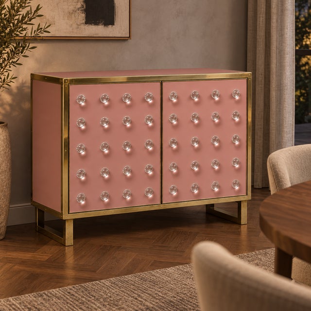 Wood Dusty Rose Dry Bar Cabinet with Clear Murano Spheres and Brass from Justfurnituress SRL For Sale - Image 7 of 8