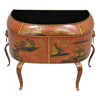 Italian Red Tole Metal Chinoiserie Gilt Decorated Floor Jardiniere Planter Pot For Sale