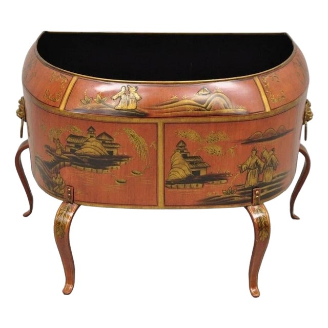 Italian Red Tole Metal Chinoiserie Gilt Decorated Floor Jardiniere Planter Pot For Sale