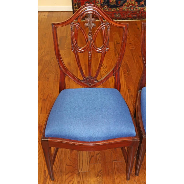 1990s Set of 8 Regency Style Solid Mahogany Fleur-De-Lis Blue Fabric Dining Chairs For Sale - Image 18 of 18