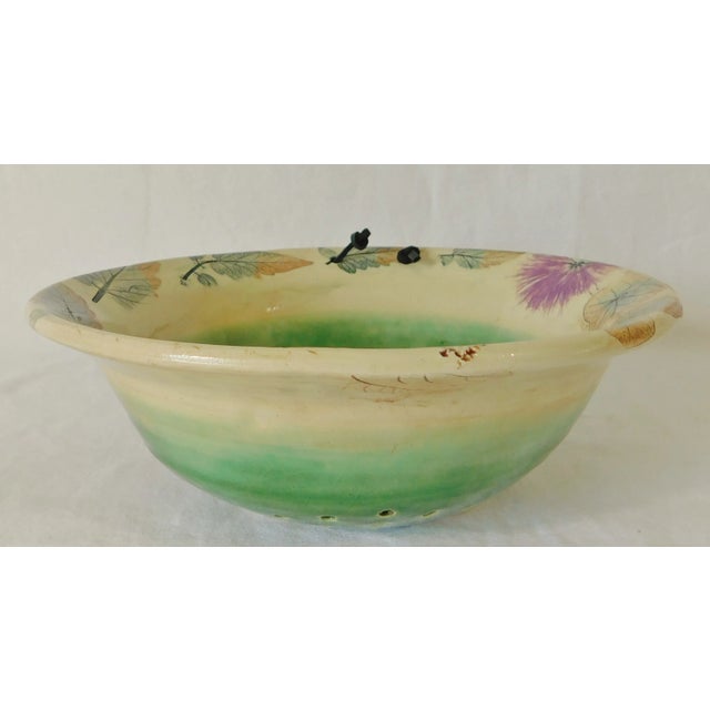 Vintage Late 20th Century Hand Painted Green & Beige Majolica Pottery Strainer For Sale - Image 4 of 8