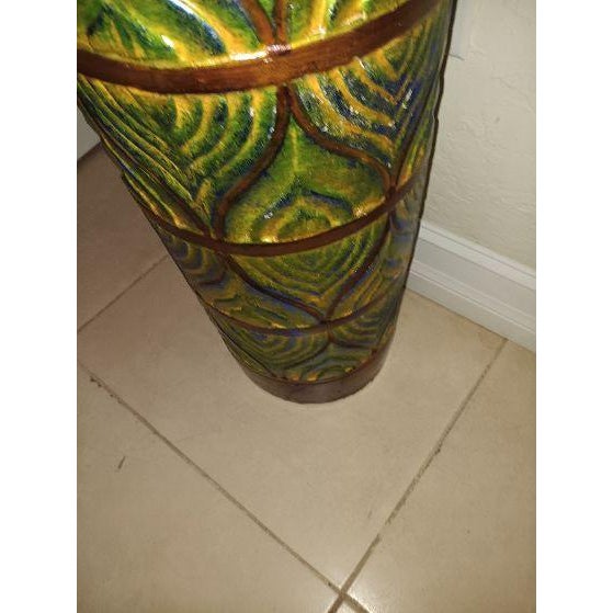 Tall decorative ceramic floor vase bronze neck textured embossed peacock-feather and geometric pattern Style: Mid Century...