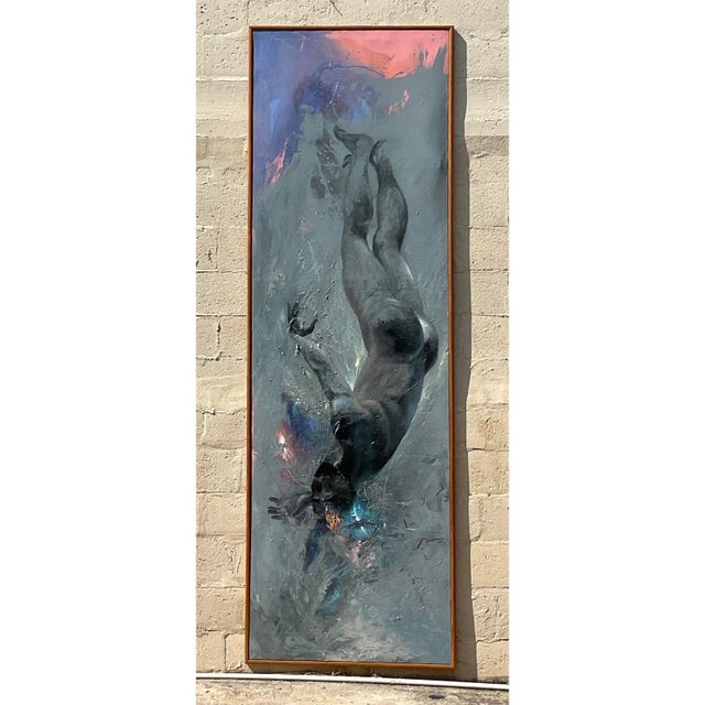 Textile Vintage 1980s Abstract Expressionism Oil on Canvas “Falling Man” Signed Tin Ly For Sale - Image 7 of 11