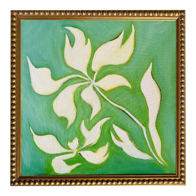Original Green & Ivory Botanical Oil Painting by Tatiana Duperault, 13" Square, Gold Framed For Sale
