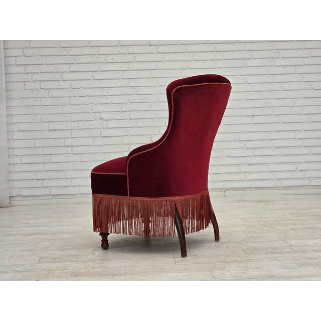 Danish Cocktail Lounge Chair in Cherry-Red Furniture Velour, 1950s For Sale - Image 13 of 17