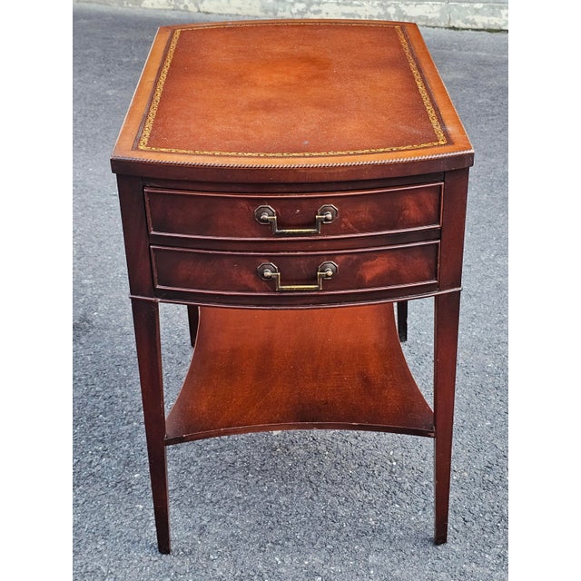 1940s Pair Regency Style Genuine Mahogany and Stenciled Tooled Leather Top Side Tables For Sale - Image 15 of 17