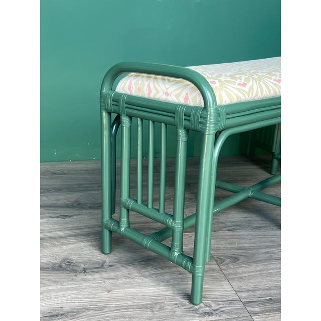1970s Palm Beach Style Green Lacquered Bench With Floral Upholstery For Sale - Image 9 of 10