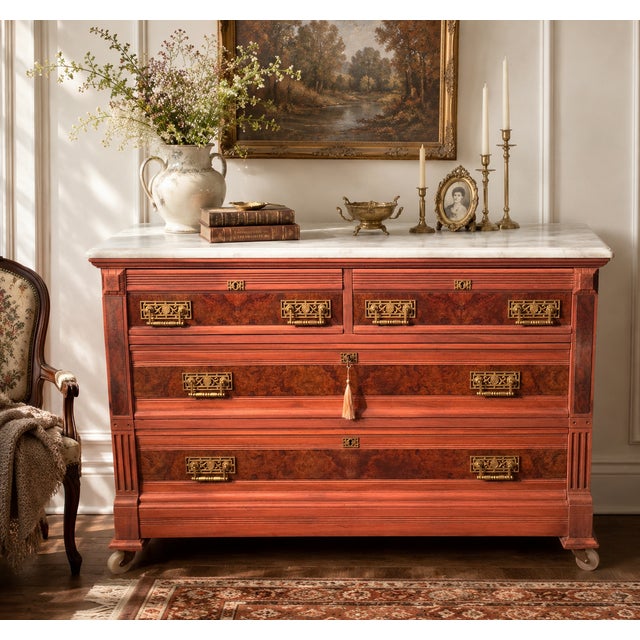 Late 19th Century 1870–1890 Antique Eastlake Walnut & Burl Marble-Top Chest of Drawers For Sale - Image 5 of 11