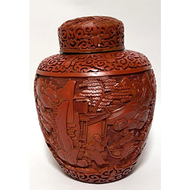 Antique Chinese Red Lacquer Covered Jar For Sale In Chicago - Image 6 of 12