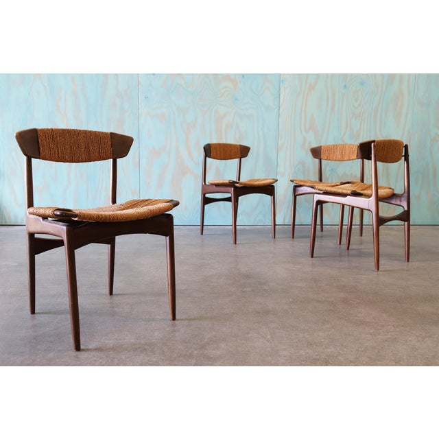 Beech and Seagrass dining chairs designed by Ib Kofod Larsen for Selig. Uncommon design. Danish design cues reminiscent of...