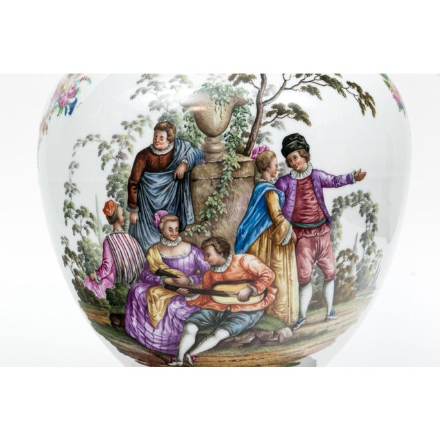 Antique Continental Hand-Painted Porcelain Baluster Jar Table Lamp | Watteau Figural Scenes | C. 1890 For Sale - Image 11 of 12