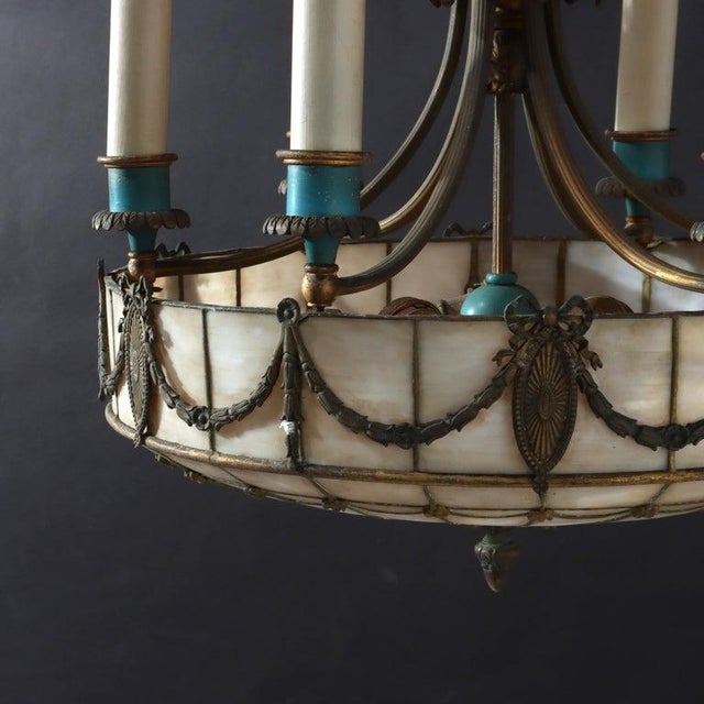 Metal Antique Classical Arts & Crafts Leaded Glass 8-Light Chandelier C1920 For Sale - Image 7 of 8