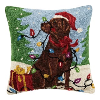 Holiday Chocolate Labrador Hook Pillow 16" x 16" For Sale