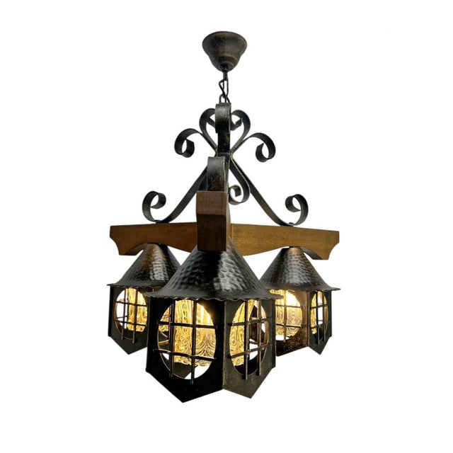 Mid-Century Modern Wrougt Iron and Wood Pendant Lamp, 1970s For Sale - Image 11 of 12