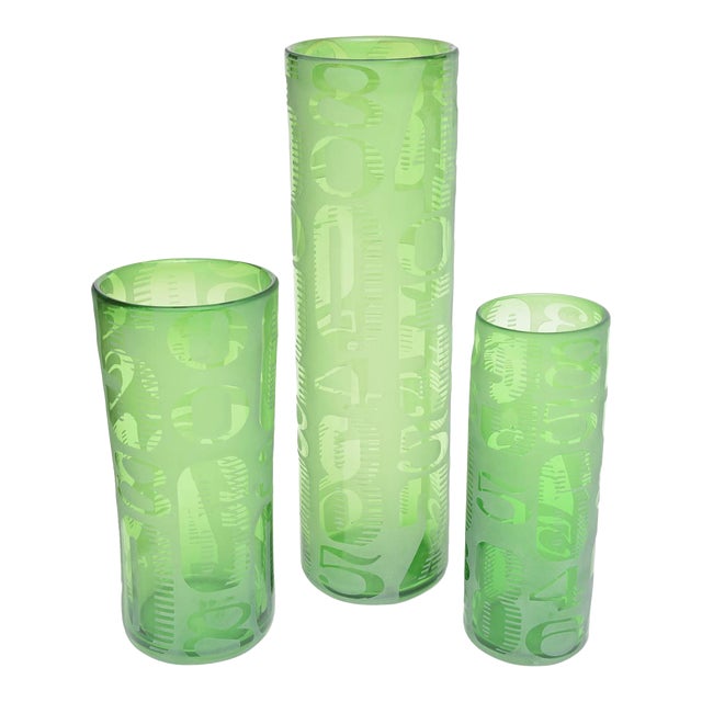 Vintage Trio of Three Graduated Frosted and Etched Numbered Glass Vases 1980's For Sale