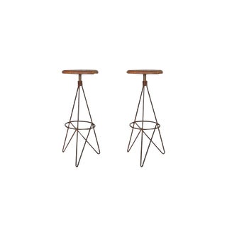 Set of 2 Corvin Round Bar Stools With Wood Top for Living Room, Indoor, Outdoor, Iron Legs, Natural Color, 30.5" H For Sale