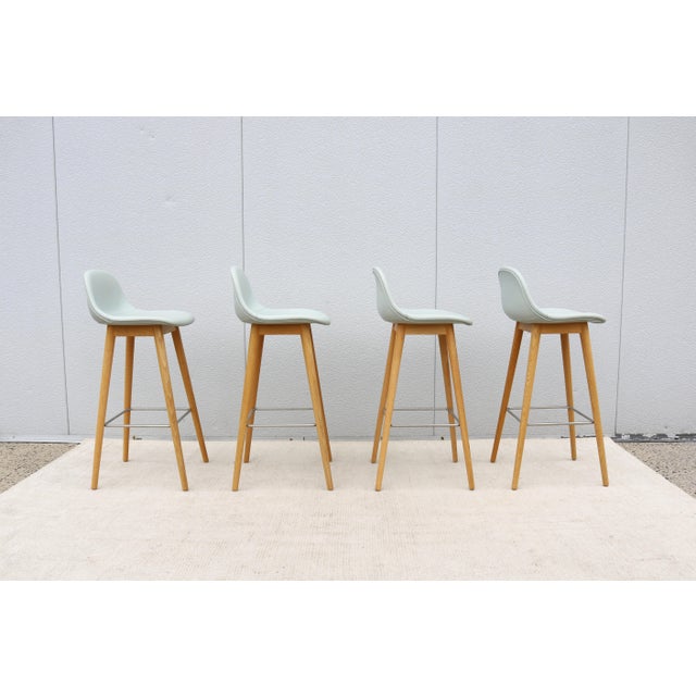 Danish Modern Iskos-Berlin for Muuto Leather Fiber Bar Stools Oak Base, Set of 4 For Sale - Image 9 of 18
