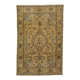 1960s Vintage Persian Tabriz Handmade All-Over Beige Wool Rug 6 X 10 For Sale